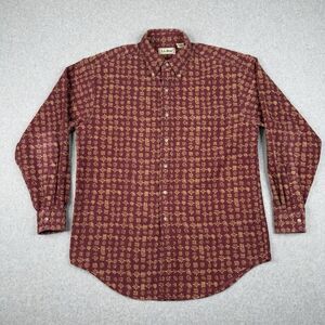 LL Bean Shirt Mens Medium Burgundy Red Corduroy Geometric Button Down‎ Cotton